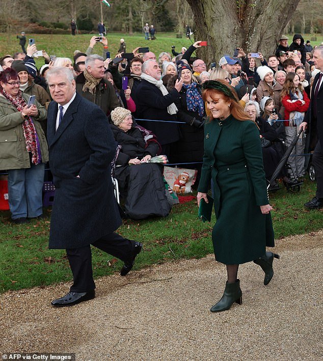 Prince Andrew and his ex-wife Sarah Ferguson put on a united front as the royal family enjoyed their annual Christmas walk at Sandringham