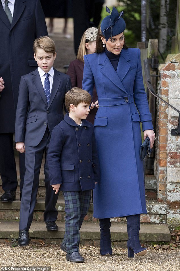 Catherine, Princess of Wales, attends the Christmas Day service with Prince George of Wales and Prince Louis of Wales