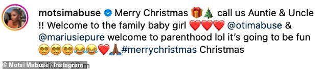 Saying, 'Merry Christmas, call us Aunt and Uncle!!  Welcome to the family baby girl @otimabuse & @mariusiepure welcome to parenthood lol it's going to be fun'