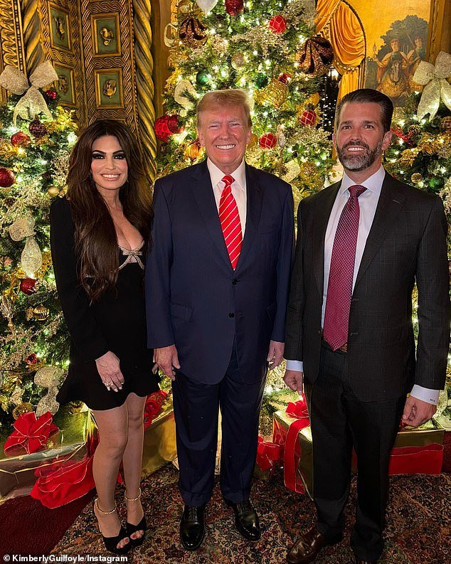 Former Fox News host Kimberly Guilfoyle also posted an image to her Instagram with fiancé Don Jr. on Tuesday, December 26.  and former President Donald Trump with Mar-a-Lago Christmas decorations in the background