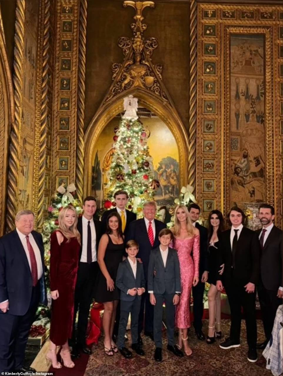 Trump's eldest daughter Ivanka and husband Jared, both once advisers to the ex-president, were in the family photo with their three children Arabella, 12, Joseph, 10, and Theodore, seven.  Guilfoyle, a former Fox News host who was married to Democrat Gavin Newsom, the governor of California when he was mayor of San Francisco, is engaged to Trump's eldest son Donald Trump Jr., who appeared in the Christmas image.  It is not clear whether Melania was at the meeting, but not in the photo.  In a rare public remarks appearance earlier this month, the former first lady welcomed 25 new citizens to America during a naturalization ceremony at the National Archives on December 15.