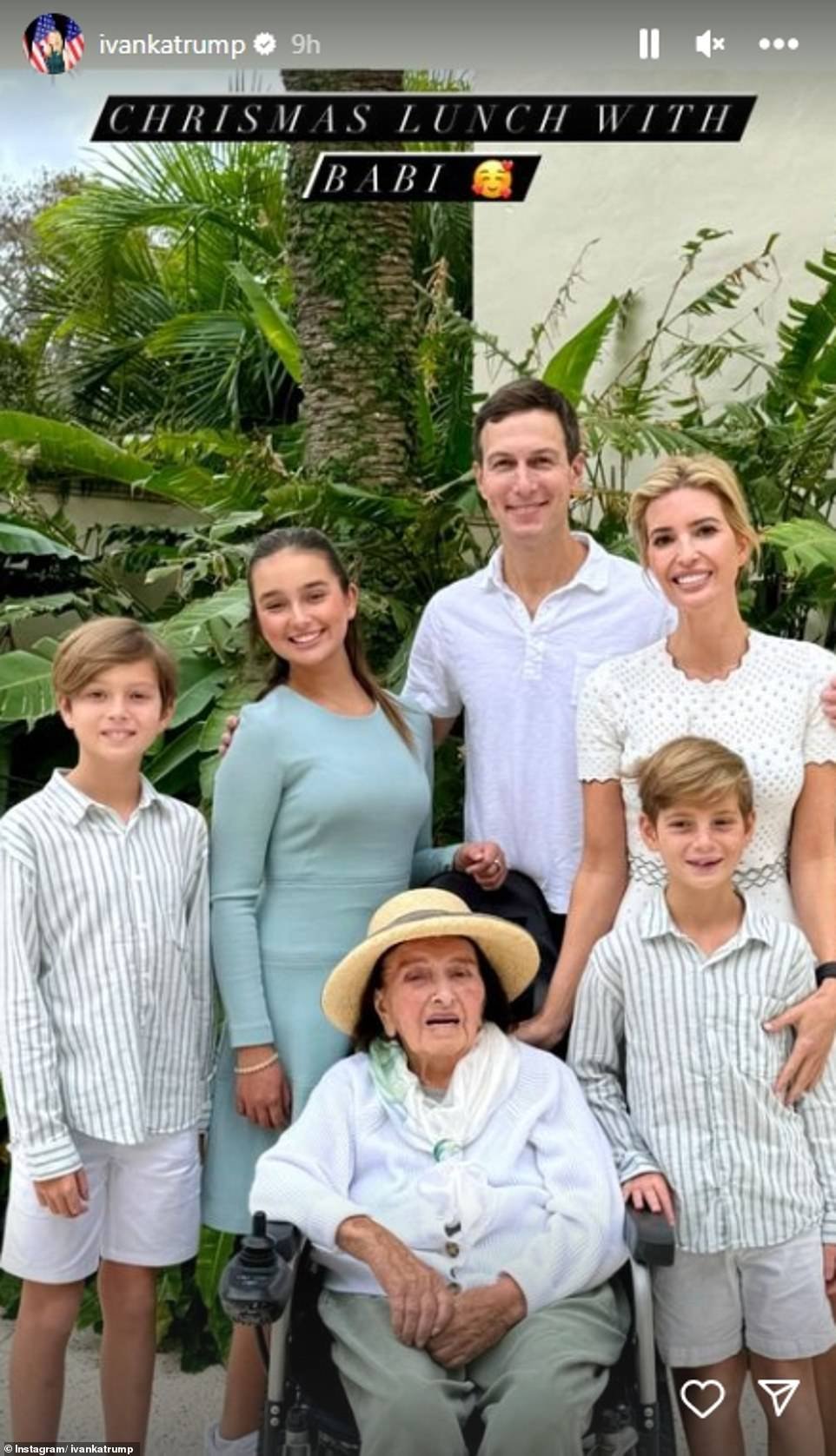 In one photo Ivanka, husband Jared Kushner, both 43, and their three children – Arabella, 12;  Joseph, 10;  and Theodore, 7 – all posed with the former first daughter's maternal grandmother as they celebrated Christmas lunch.  The entire family wore more casual attire than for the Mar-a-Lago celebrations, wearing shades of light green and white as they gathered around Ivanka's 97-year-old grandmother, Marie Zelníčková.  “Christmas lunch with Babi,” she captioned the image.