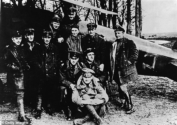 Richthofen (back row) took command of an elite German squadron Jasta 11 (pictured in 1917), which had unprecedented success, culminating in the 'Bloody April' of 2017, when they downed 22 British aircraft