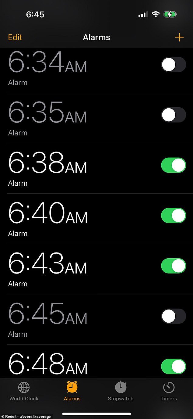 A Reddit user shared the screenshot of their alarm app, and said that only the 6:48 alarm would go off in the morning despite many alarms being set before that time.