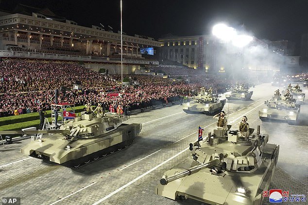 Military tanks take part in a military parade to mark the 70th anniversary of the armistice that ended fighting in the 1950-53 Korean War, at Kim Il Sung Square in Pyongyang, July 27, 2023