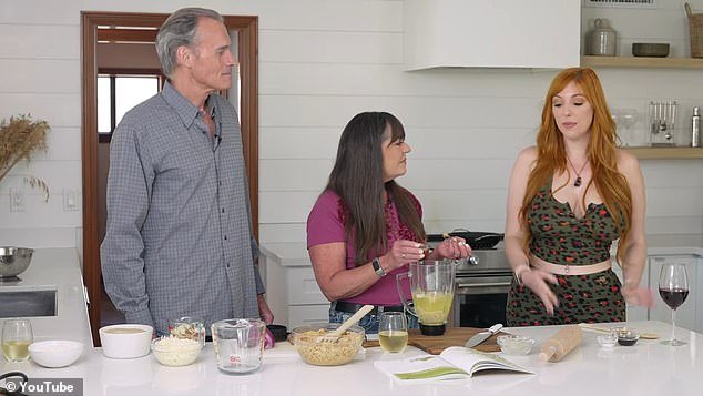 In a recent cooking video, the couple had adult film star Lauren Phillips (right) as their guest.  Their cooking account tells users to go to their OnlyFans page for 'explicit scenes'