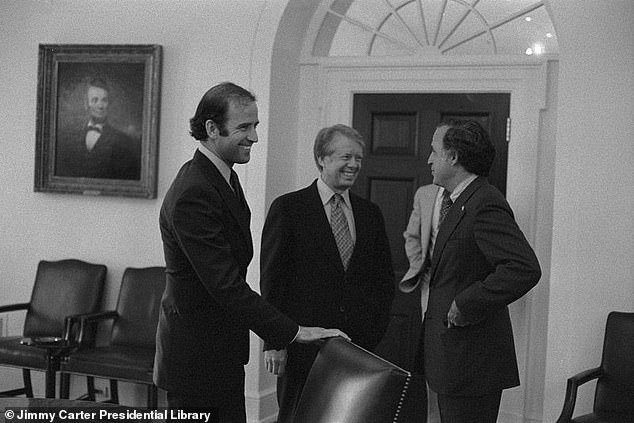 Then Senator Joe Biden (left) stands with President Jimmy Carter (center) at the White House in June 1977. Carter assisted Biden in the senator's 1978 reelection bid, but Biden was slow to endorse Carter when he ran for reelection against Ronald Reagan in 1978. 1980
