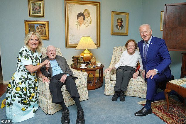 President Joe Biden (right) and first lady Jill Biden (left) visited President Jimmy Carter (center left) and first lady Rosalyn Carter (center right) at their home in Plains, Georgia in April 2021