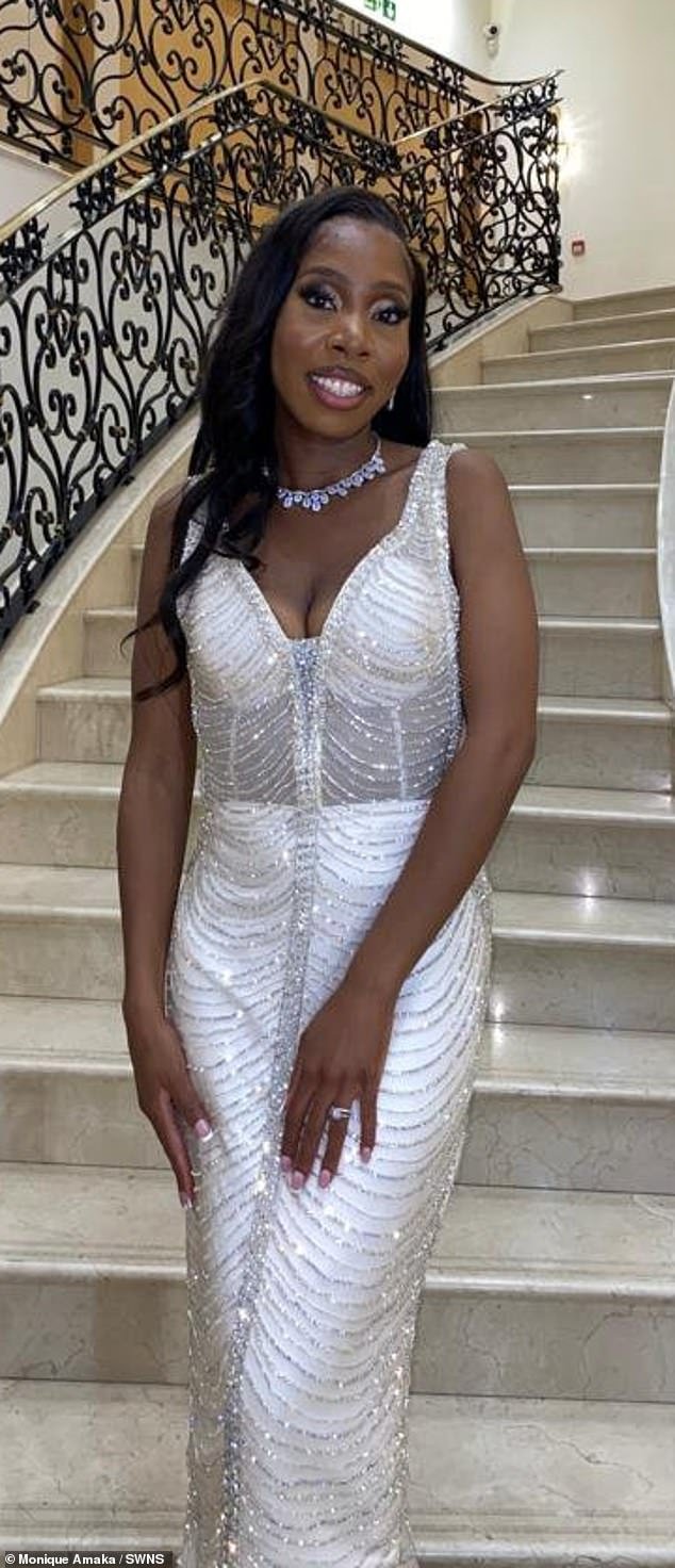 London's Monique wore custom-made dresses on her wedding day, including a figure-hugging white beaded dress