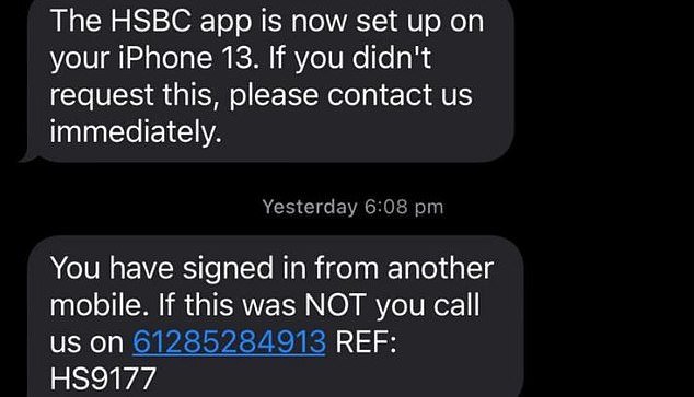 The text message appeared in the same message thread as legitimate text messages from the bank, leading him to believe it wasn't a scam (pictured is the text)
