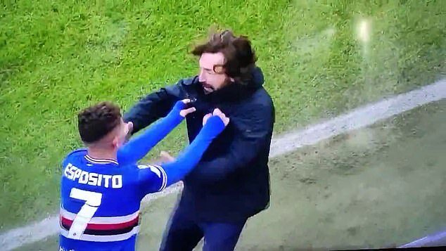 Sebastiano Esposito grabs Sampdoria manager Andrea Pirlo in wild celebration after victory
