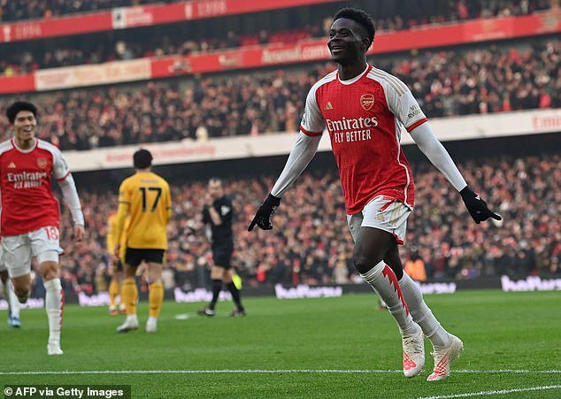 Arsenal's Bukayo Saka celebrates his opening goal at the Emirates Stadium after six minutes