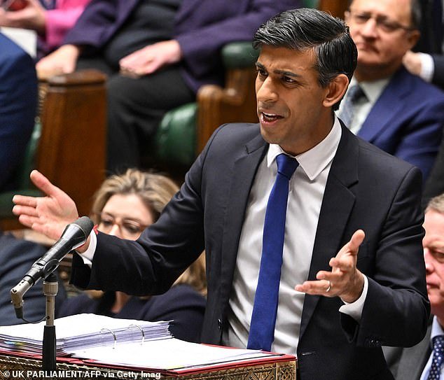 British Prime Minister Rishi Sunak speaks during Prime Minister's Questions in the House of Commons