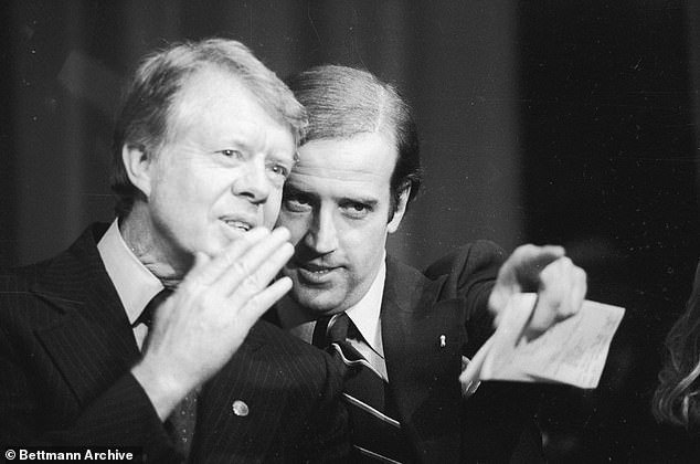 President Jimmy Carter (left) appears at a fundraiser in Delaware for then-Senator Joe Biden (right) in 1978.  Despite their close relationship, Biden hesitated to endorse Carter before the 1980 election, fearing the president would not be able to do so.  overcome low poll numbers and inflation