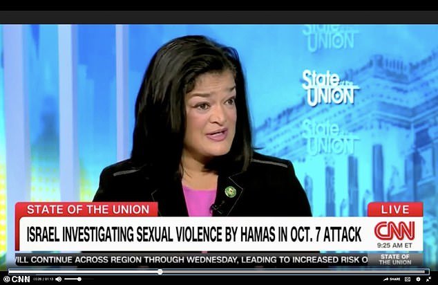 Democrat Pramila Jayapal was condemned for her comments about the rapes of Israeli women by Hamas during an appearance on CNN Sunday