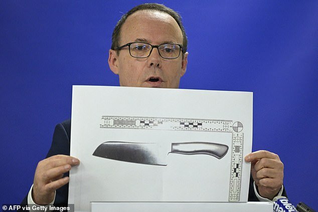Philippe Astruc shows the knife a 12-year-old student used to threaten a teacher in Rennes, western France on December 13, 2023