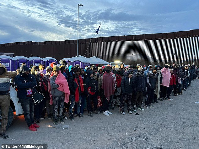 Immigrants line up for processing after crossing the US-Mexico border at Lukeville, Arizona