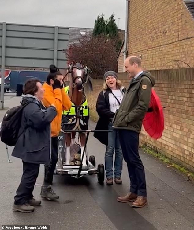 This is the heartwarming moment Prince William surprised a woman near Slough during a charity walk.  Emma set out to raise awareness about suicide (pictured: Emma Webb in shock, some of her friends and Prince William)
