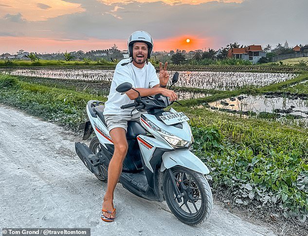 Seasoned traveler Tom Grond (pictured) has shared his recommendations for places novice travelers should explore.  Here the 39-year-old is pictured in Bali, Indonesia