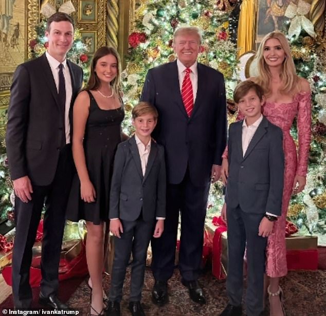 Ivanka Trump, 42, husband Jared Kushner, 42, and their three children – Arabella, 12, Joseph, 10, and Theodore, 4 – were pictured with former President Trump on December 26