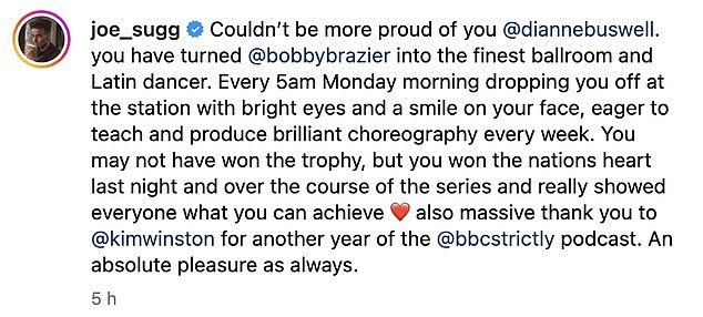 And telling how proud he was of Dianne, Joe took to Instagram to praise the dancer for working so hard on a new Strictly series