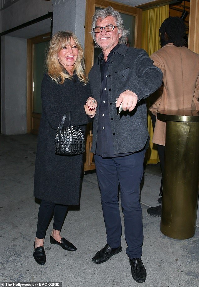 Family friends Goldie Hawn and Kurt Russell attended the meeting.  Goldie, 78, was wrapped in a warm black wool coat and wore skinny pants and loafers.  Kurt, 72, looked dapper in a gray wool jacket over a navy blue button-up shirt and black trousers