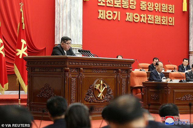 Kim Jong Un at the December plenary meeting of the Workers' Party of Korea Central Committee in Pyongyang, in a photo released on December 28, 2023