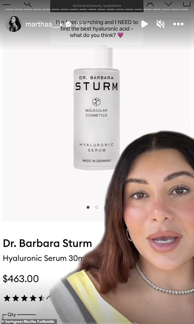The 34-year-old was promoting the $465 product on Instagram when a follower asked her about the best hyaluronic acid