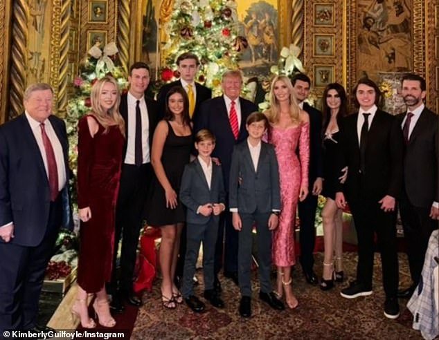 Don Jr.'s fiancée Kimberly Guilfoyle posted to her Instagram Story a Trump family photo (above) with several members of the ex-president's family at Mar-a-Lago the day after Christmas, including Barron Trump.  Far left in the photo: Melania's father Viktor Knavs