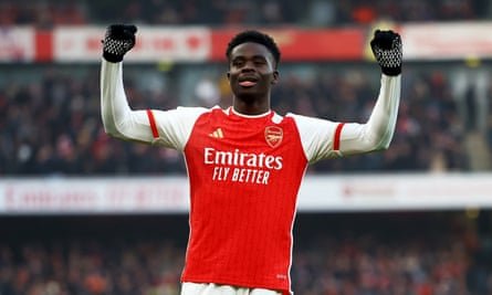 Bukayo Saka celebrates his 36th Premier League goal for Arsenal.