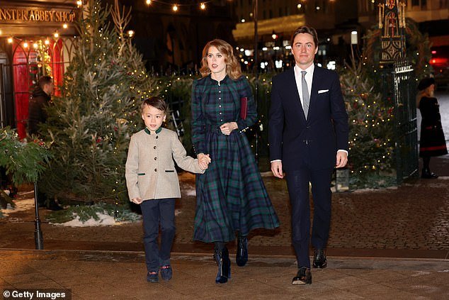 Princess Beatrice, 35, walked hand in hand with her stepson Wolfie Mapelli Mozzi and her husband Edo, 38