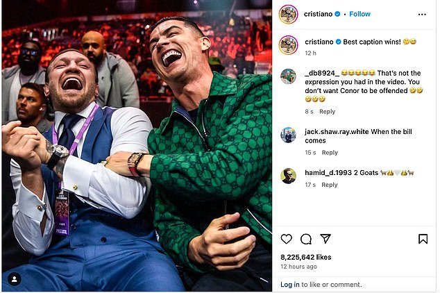 Cristiano Ronaldo asked fans to caption this photo of him and Conor McGregor laughing at 'Judgment Day' on Instagram