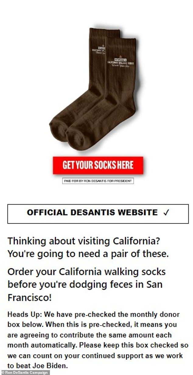 DeSantis' website lists a $37 pair of brown socks titled 