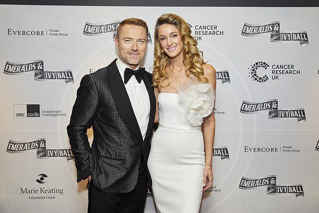 Ronan Keating sat with his glamorous wife Storm on Saturday as the couple headlined the Emeralds & Ivy Ball for cancer research