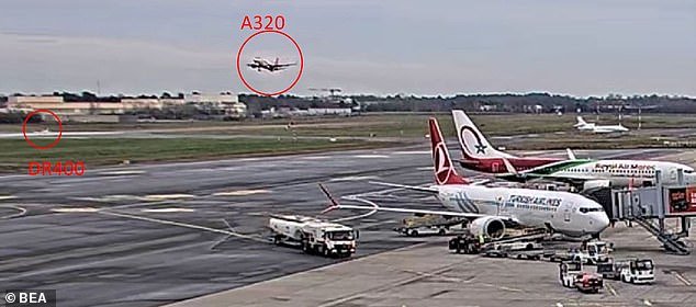 The image shared by the BEA shows the plane descending while the DR400 is still on the tarmac