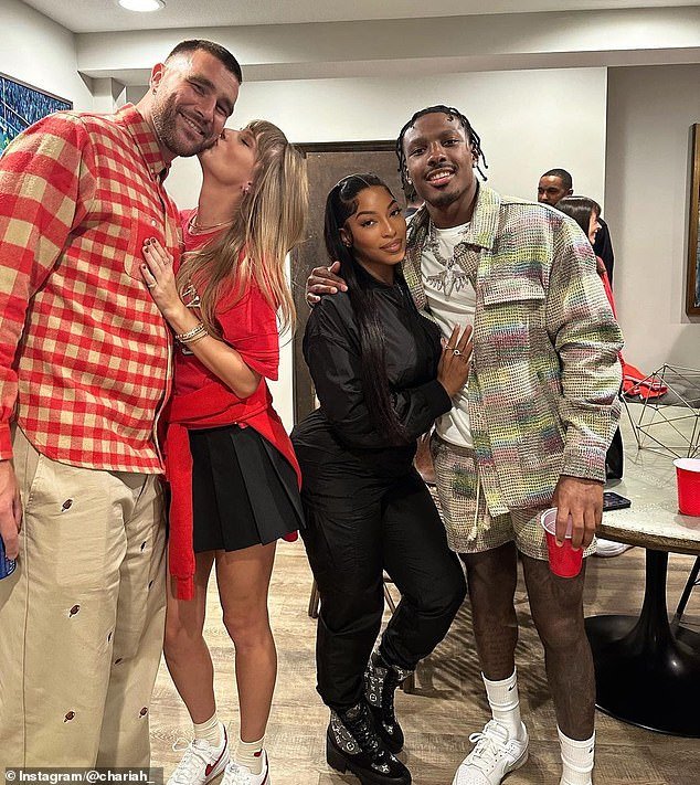 The 33-year-old megastar was interviewed for the occasion and talked about her career and new boyfriend Travis Kelce (left with Taylor, Mecole Hardman Jr and Chariah Gordon)