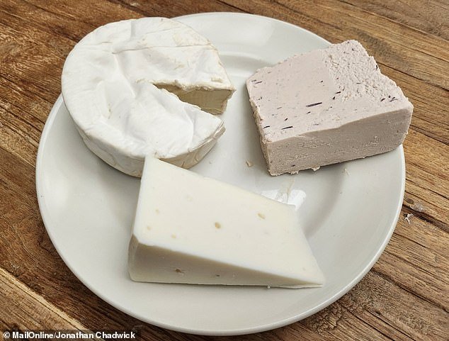 MailOnline sampled three cheeses from the company - Shamembert (top left), Pretenslydale (top right) and Smoked Good-A (bottom).