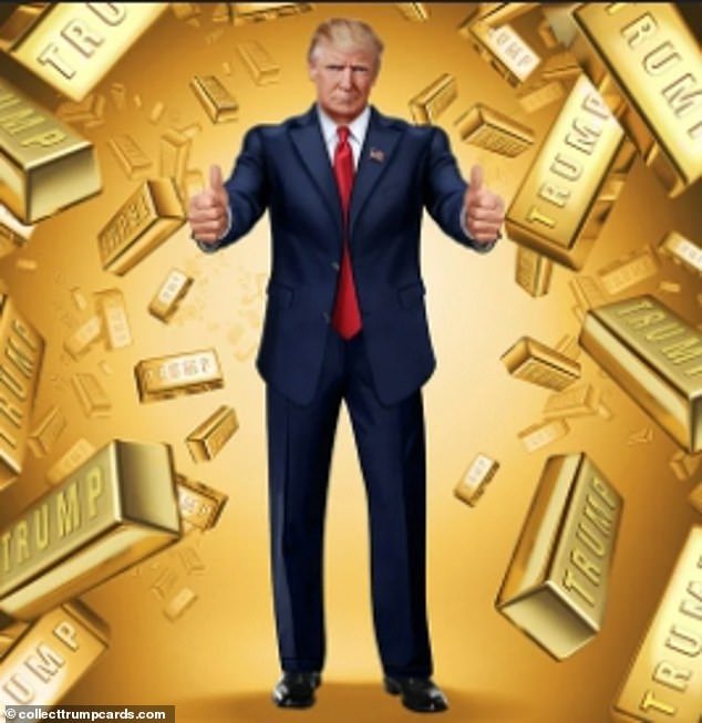 In another example, Trump is surrounded by gold bars bearing his name.  But the building of the company that runs the lotteries is a cabin in upstate New York