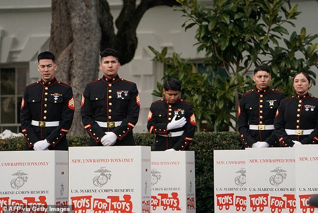 Marines in the South Portico of the White House in Washington, DC, on December 6, 2023