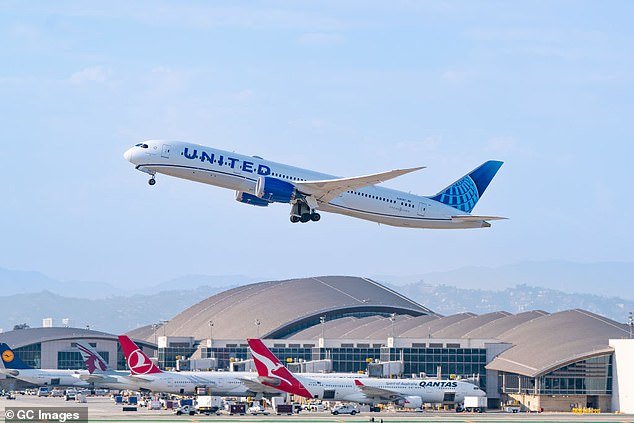 A woman has claimed she was sexually assaulted by a man on a United Airlines flight in 2022 after flight crew administered at least nine vodka orange juice drinks to him.  Pictured: An unrelated United Airlines Boeing 787-9 taking off from Los Angeles International Airport on July 30, 2022