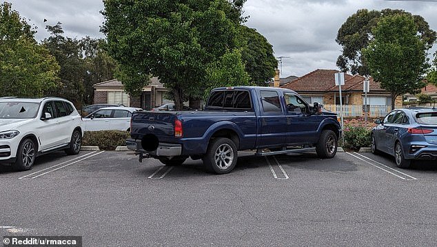 The Ford Ranger took up three parking spaces in a shopping center in Melbourne's Coburg North Village