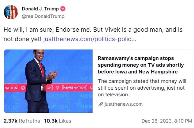 Trump posted a report on the pause in TV spending and suggested that Ramaswamy will soon drop out of the race and 'support me'