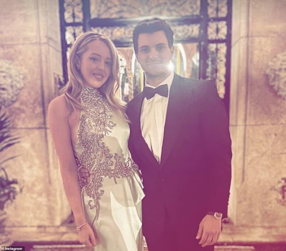 Billionaire Michael, 26, who walked down the aisle with former President Donald's youngest daughter last year, opted for a simple black tuxedo.