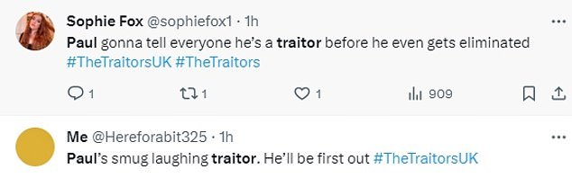 Fans joked that Paul was seen 'grinning from ear to ear', making him 'stand out like a sore thumb' as one of the traitors