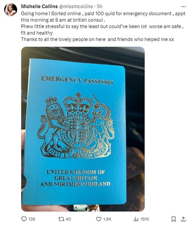 She wrote in an update ahead of her flight: “Going home!  Sorted online, paid £100 for emergency document, texted to British Consul (sic) this morning at 9am'