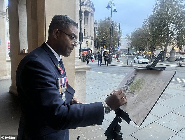 His father Patrick, pictured here at last year's Remembrance Sunday commemorations at the Cenotaph, is selling his own paintings having previously served in the police and army cadets
