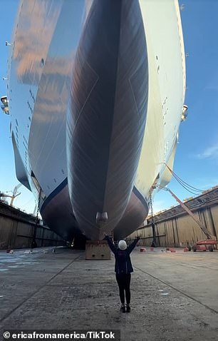 When Erica first arrived at the ship in Spain, it was in dry dock and not in the water, and she was allowed to tour underneath the massive structure