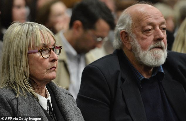 Steenkamp's mother, June Steenkamp (L, next to father Barry Steenkamp, ​​R), claimed her daughter was in a relationship with Pistorius when she was killed - but that the pair had not yet consummated their relationship (Picture: Getty )