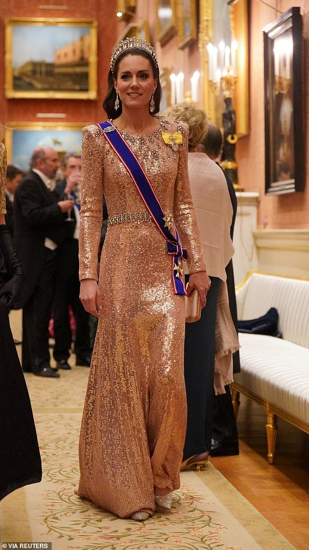 Kate at an evening reception for members of the diplomatic corps at Buckingham Palace in December