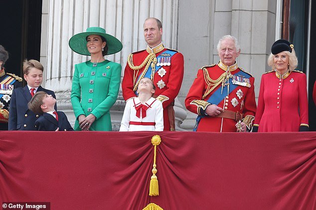 Prince George of Wales, Prince Louis of Wales, Princess Charlotte of Wales, Catherine, Princess of Wales, Prince William and King Charles III stand on the balcony of Buckingham Palace with Queen Camilla to watch a fly-past of planes from the Royal Air view Force